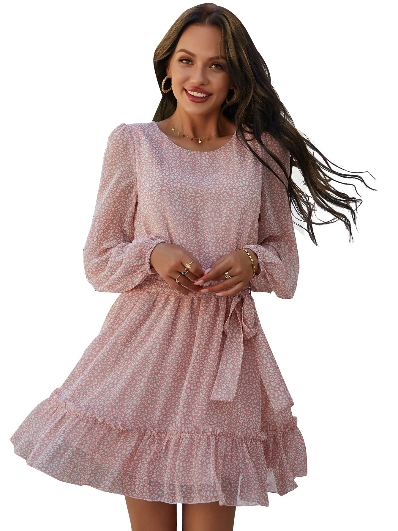 

Ladies casual long-sleeved printed pleated skirt high waist fashion temperament was thin dresses summer woman 2021