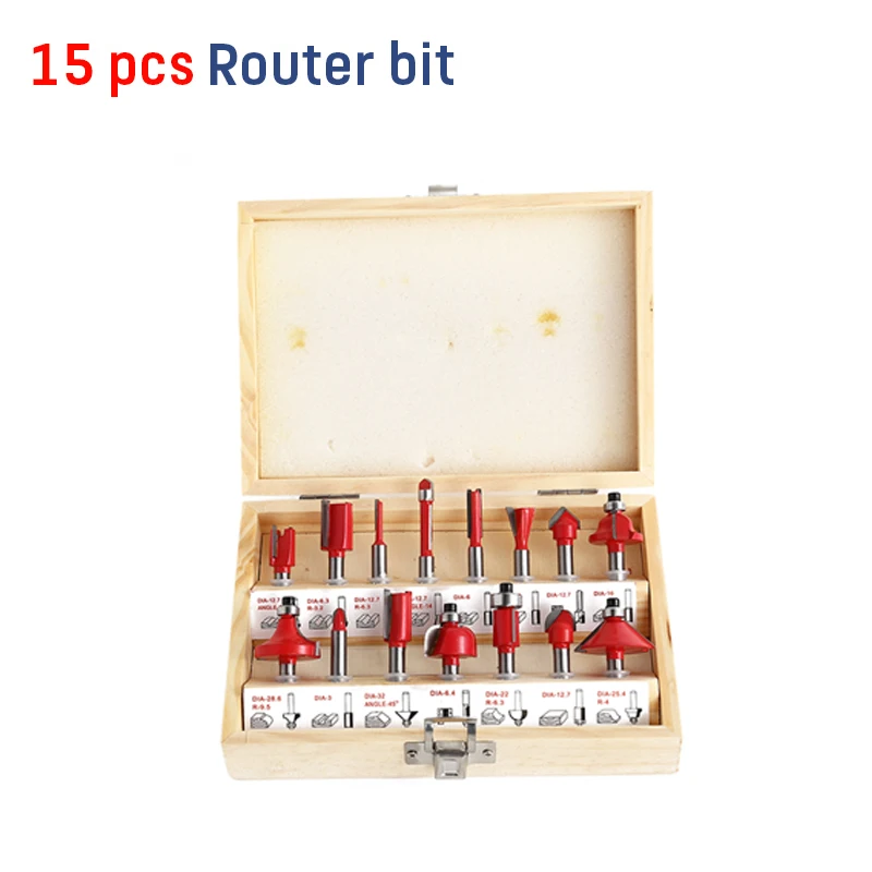 15pcs cutter Электрический ручной триммер по дереву фрезерный станок 6,35 мм цанговый резной станок+ фрезы деревообрабатывающие электроинструменты - Цвет: 15pcs cutter