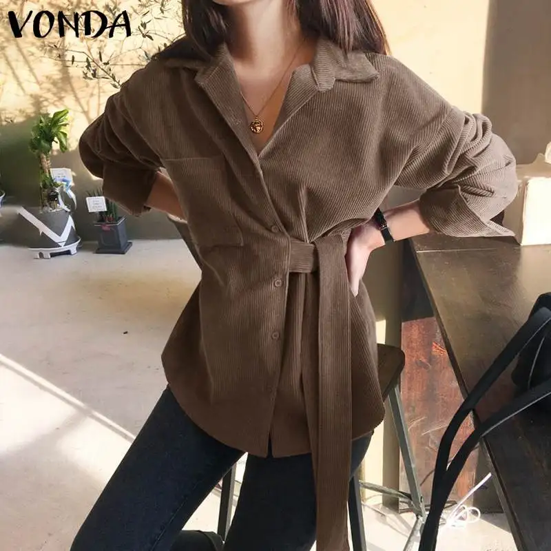 

VONDA Women Autumn Winter Corduroy Blouse Casual Lapel Button Up Shirts Ladies Long Sleeve Solid Chemise Blusas Femininas