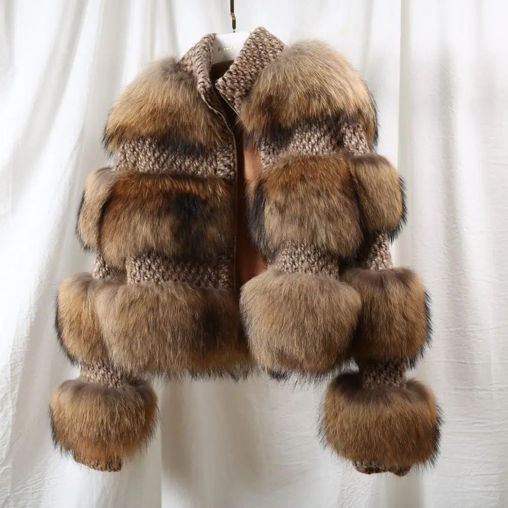 brown winter jacket women parka real fur coat natural raccoon fur collar woolen coat bomber jacket korean streetwear new - Цвет: brown