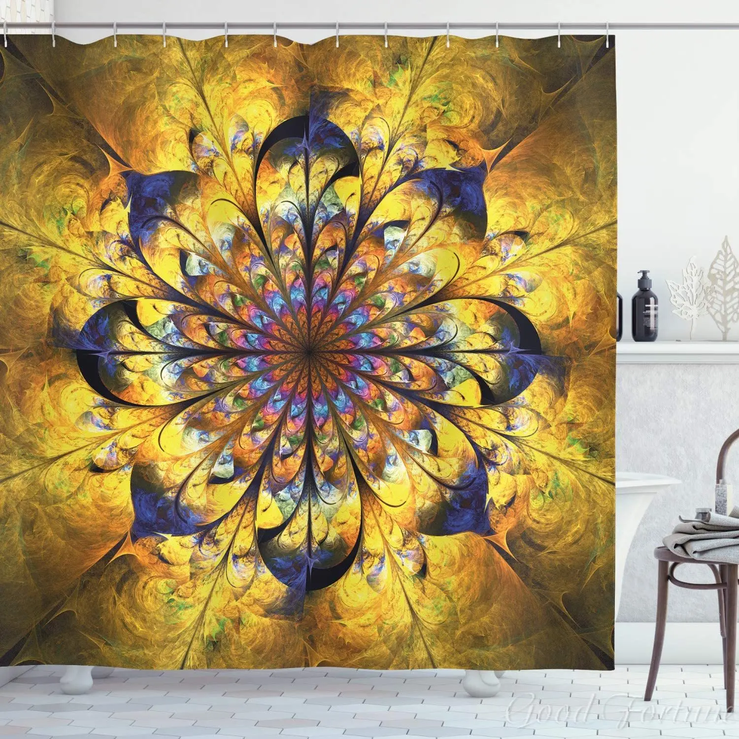 

Yellow And Blue Shower Curtain Mandala With Floral Ornamental Psychedelic Fantasy Rays Pattern Bathroom Decor Set With Hooks