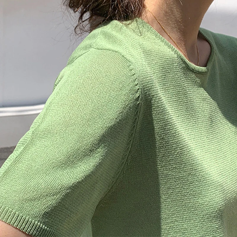 

Solid O-Neck Knitted T-Shirt Women's Korean Fashion Loose T-Shirt Woman Daily Casual Slim Short Sleeve Tees Ladies Summer 2021