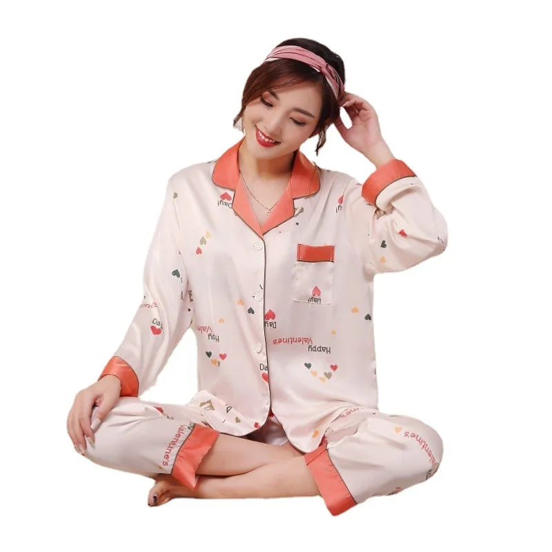 

Pajamas Women Ice Silk Satin Pyjamas Pour Femme Pj's Long Sleeve Thin Loose Home Wear Casual Printed 2PCS Sleepwear With Buttons