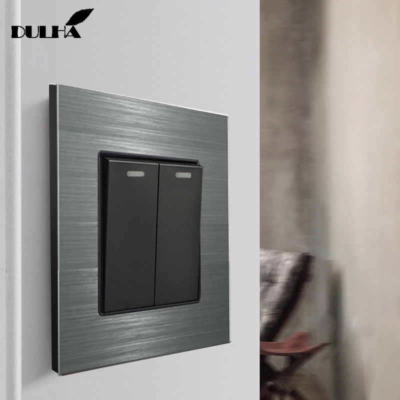 

Luxurious Gray Color Brushed Aluminum 2 Gang 2 Way Wall Light Switch Satin Metal Panel Electrical Push Button Rocker Switches