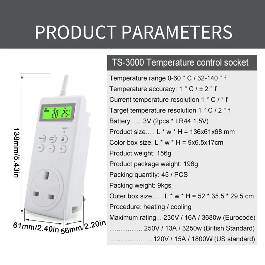 

Wireless Programmable Thermostat Plug Heating And Cooling With Safety Lock Backlight LCD Display Temperature Controller