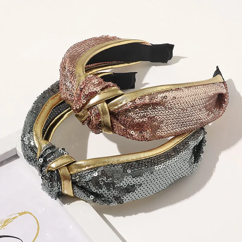 Модные блестящие обручи для волос ободок с блестками перехлёстом золотые