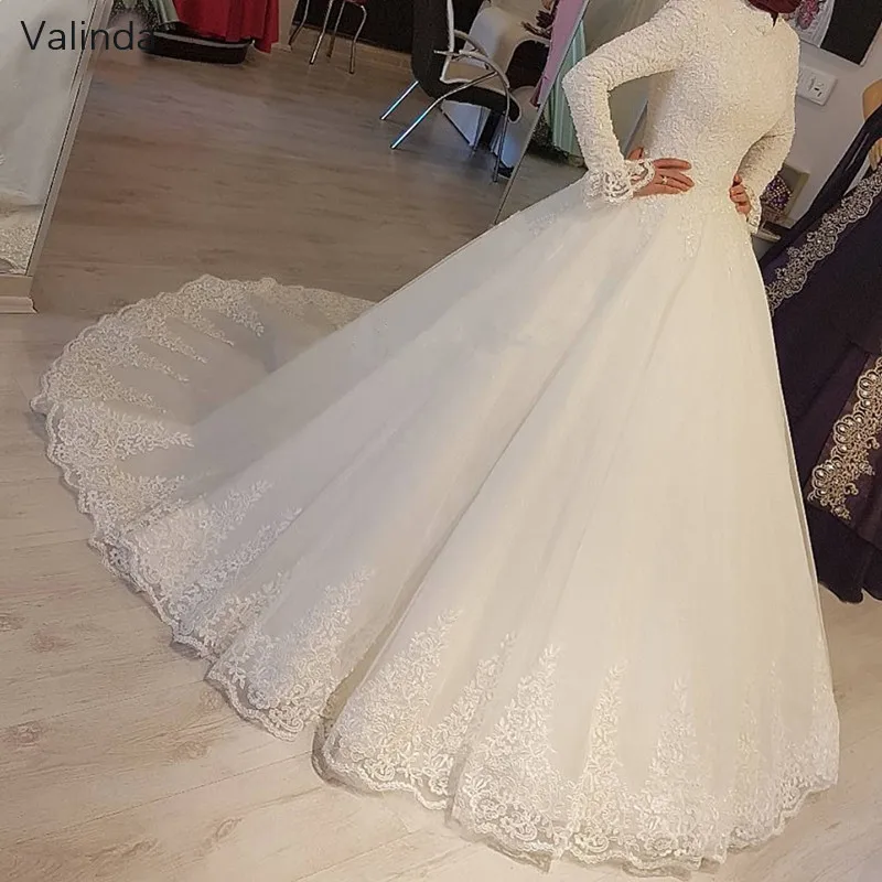 

Arabic Muslim Wedding Dresses Long Sleeves Princess High Neck Lace Appliques Bridal Dresses Robe De Mariage