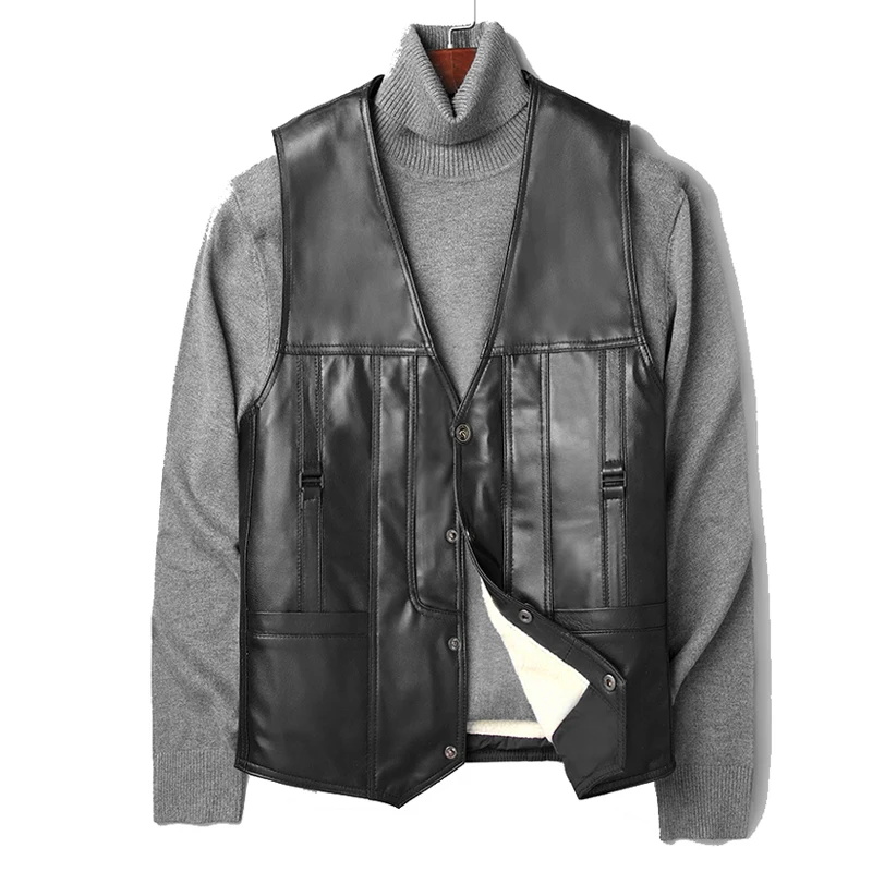 Жилет мужской из натуральной воловьей кожи утепленная куртка без рукавов