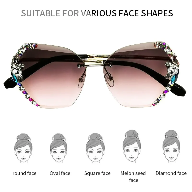 

Vintage Rimless Sunglasses Women Multicolored Bling Diamond Brand Designer Sun Glasses Ladies Men Shades Rhinestone Anti-UV 2021