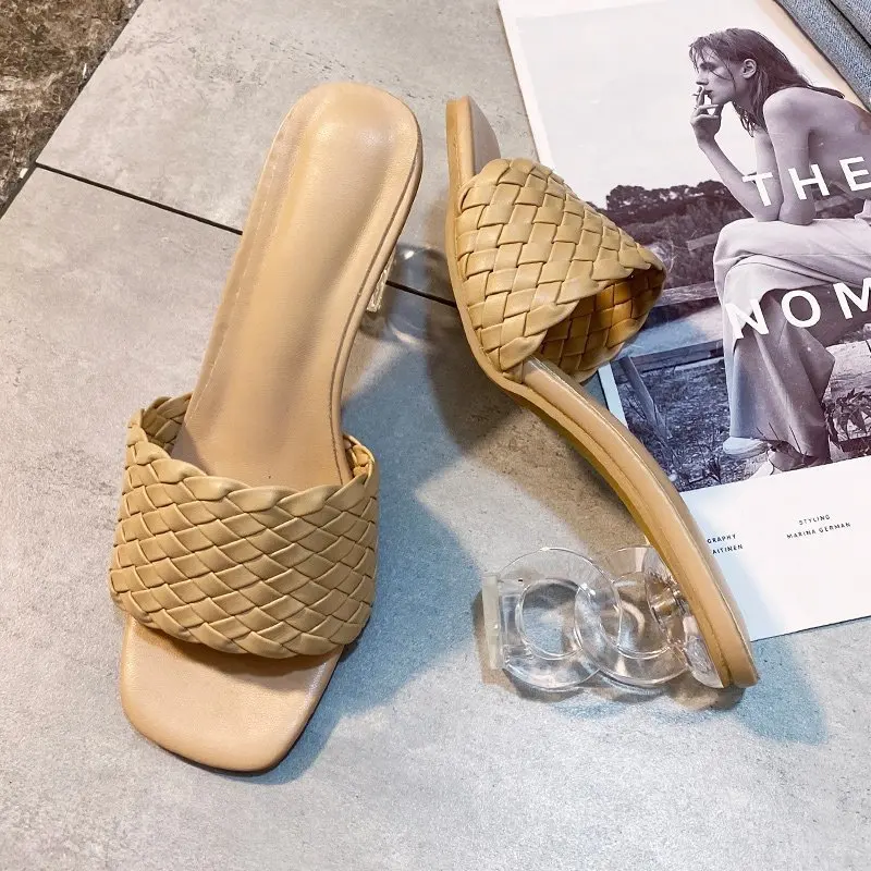 

Slippers Women Summer Shoes Square Toe Luxury Slides Pantofle Heeled Mules Designer 2021 High Rome Fabric PU Rubber Strange Styl