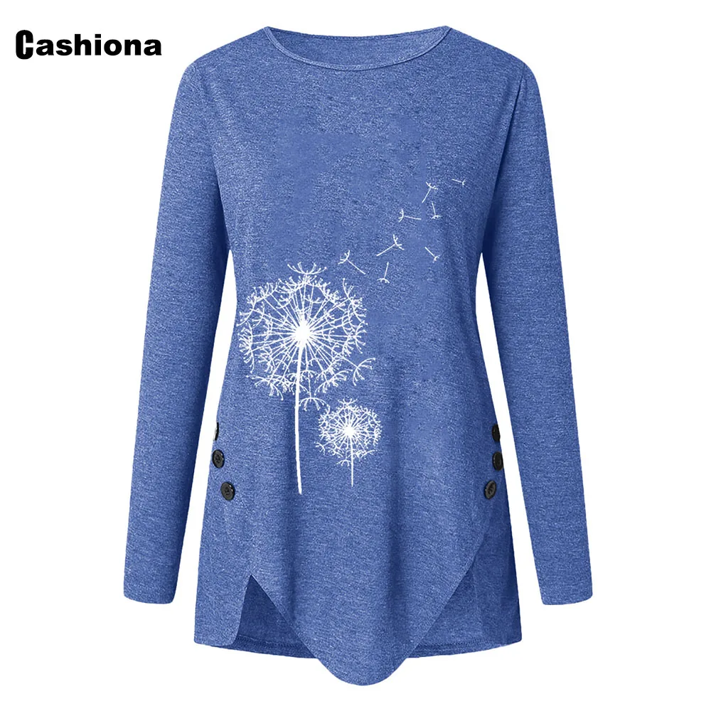 

Cashiona Plus Size Women T-shirt Patchwork Buttons Long Sleeve Dandelion Print Femme Top 2021 Spring Autumn irregular Tees shirt