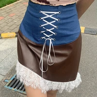 2021 patchwork fashion lace leather slim casual denim skirt womens irregular high waist chic lace pants summer party streetwear