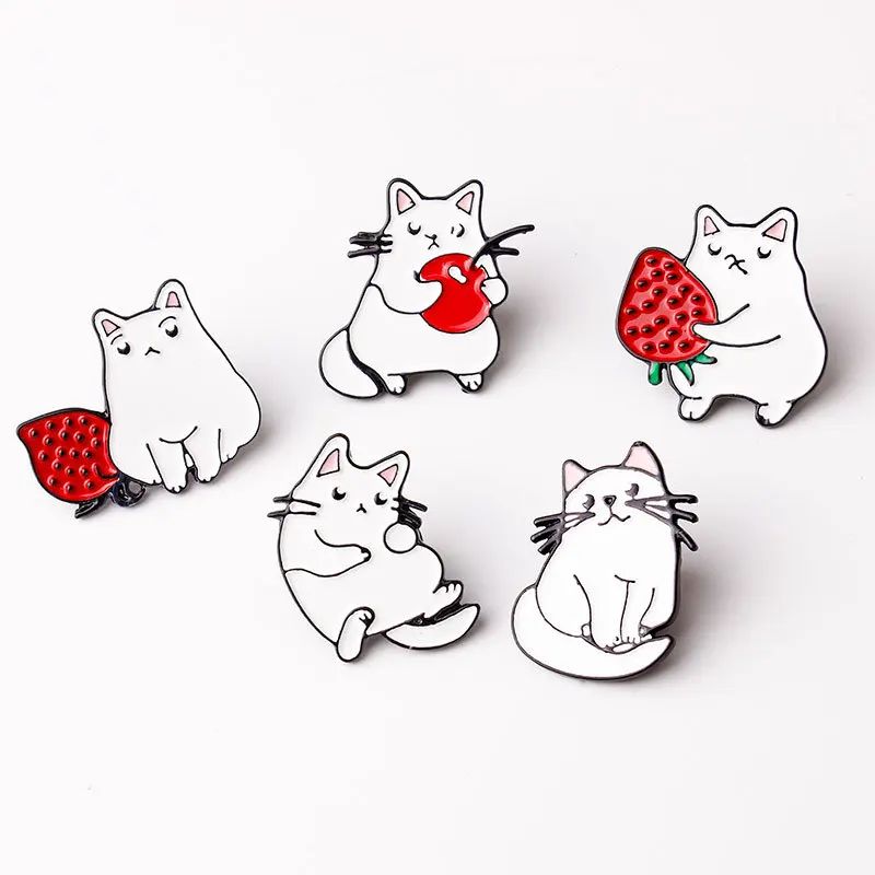 

1 PC Cute Enamel Pins White Cats Bag Brooches with Strawberry Lovely Cherry Lapel Cartoon Animal Jewelry Gift for Kids Friends