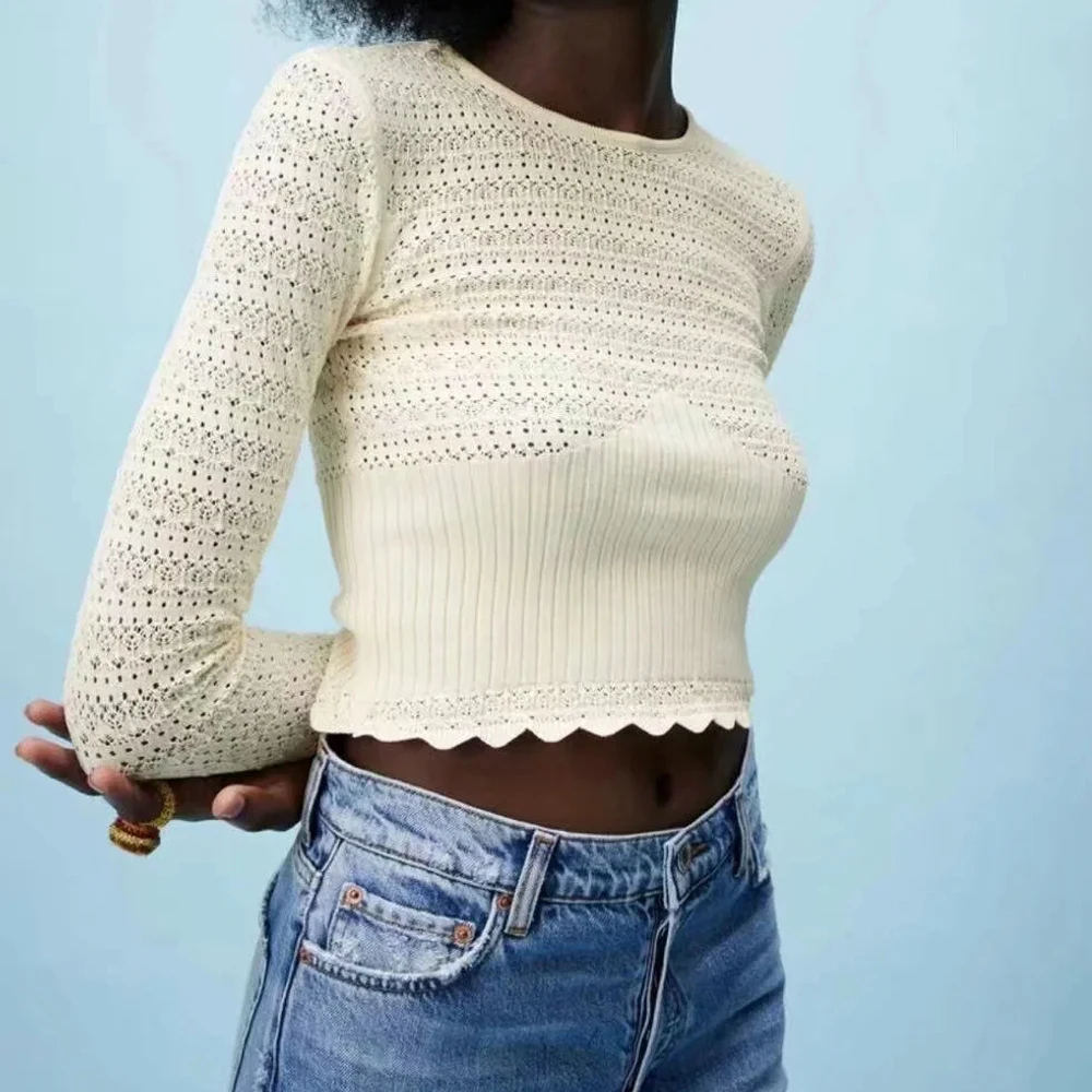 

ZA 2021 Women Fashion Hollow Out Knitted Sweater Vintage O Neck long Sleeve Female jacquard Jumper casual mesh fabric Tops Mujer