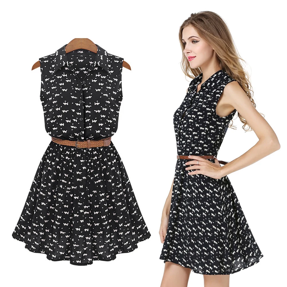 Женское Деловое платье без рукавов с принтом в виде кота повседневное летнее
