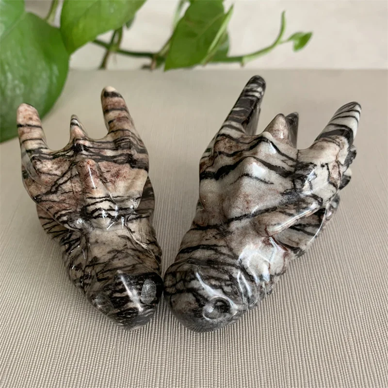 

Natural Stone Black Network Crystal Handmade Carved Dragon Head Skull Polished Animal Powerful Statue for Home Decoration Gift