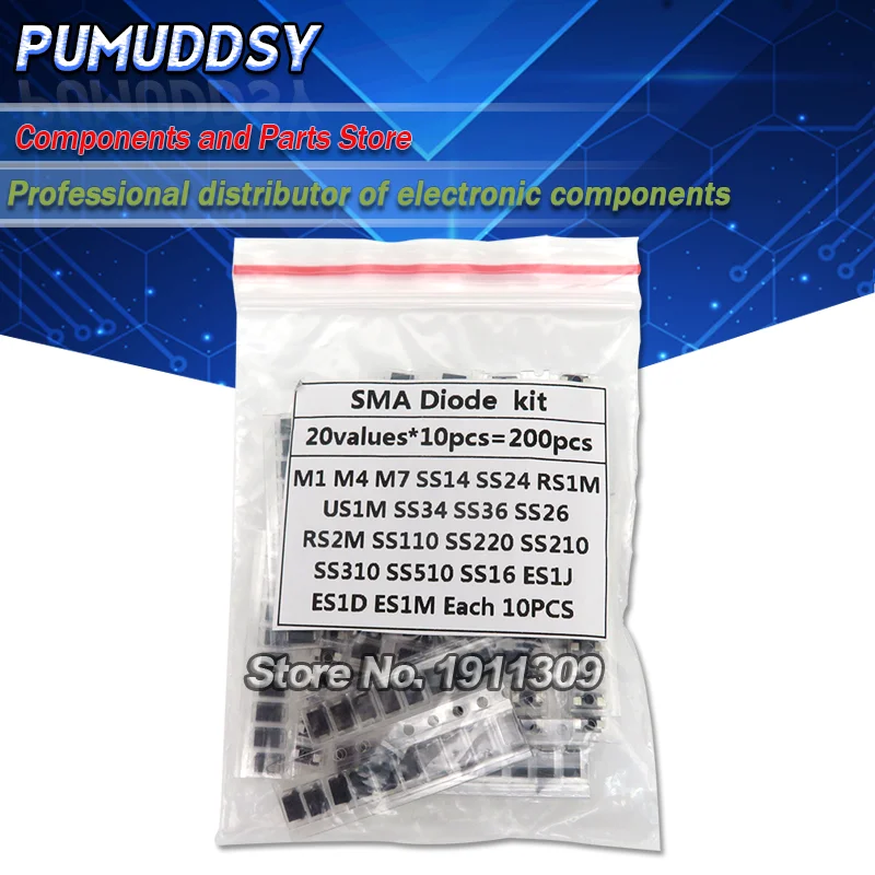 Набор диодов SMD, 20 значений * 10 шт. = 200 шт., в ассортименте, содержит SS110, SS220, SS210, SS310, SS510, SS16, SS26, SS34, SS36, ES1J, ES1D, M7, M4, US1M