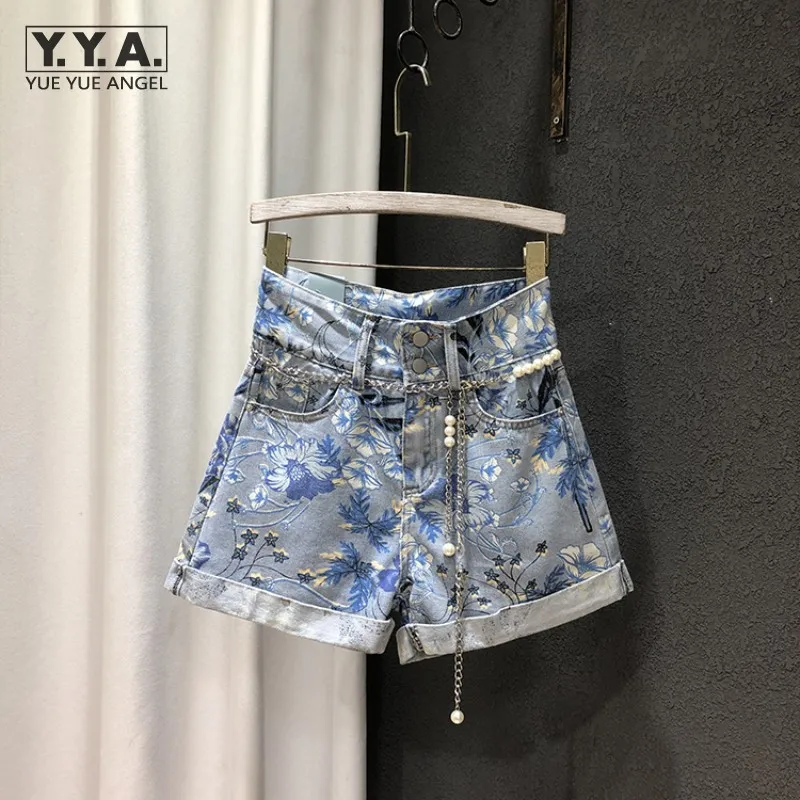 

Harajuku Vintage Womens Flowers Printed Denim Shorts Single Breasted High Waist Wide Leg Jeans High Street Sexy Wrap Hotpants