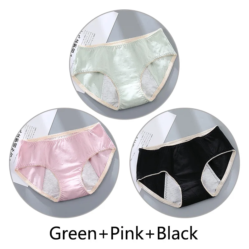 Green Pink Black 3 шт. Женские Жаккардовые недержание менструальные трусики женские бесшовные мягкие непроницаемые шорты хлопок физиологический Preiod нижнее белье - Цвет: Green Pink Black