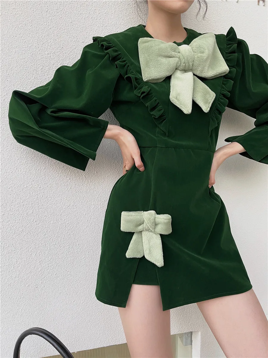 

2021 New Spring Women's Retro Large Black Bow Above Knee A-line Dress Ladies Ruffled Christmas Dress