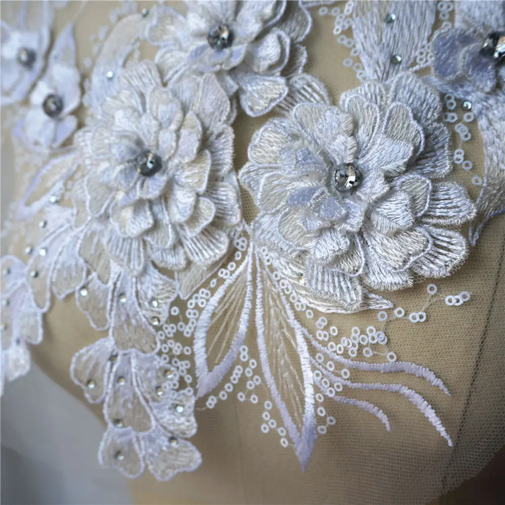 Белые 3D Цветочные Блестки Стразы вышитые платья аппликации воротник сетчатые