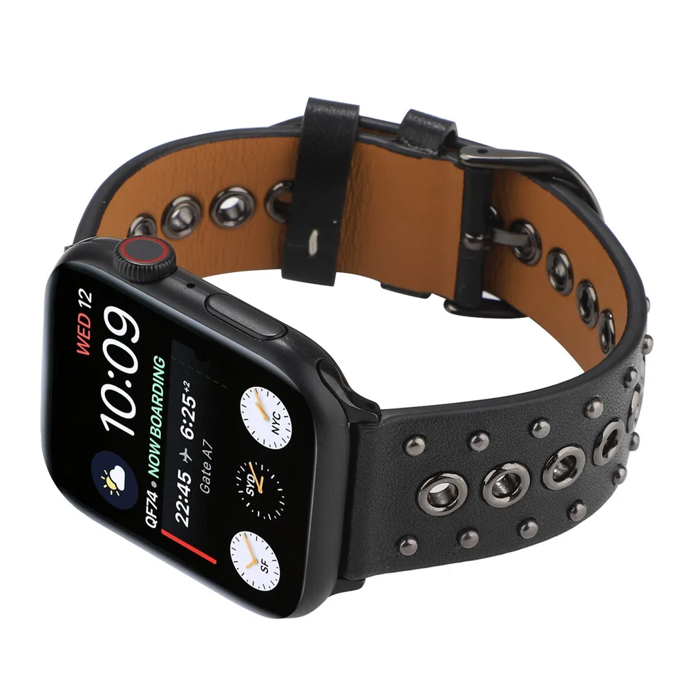 

New Design Punk Style Leather Band for Apple Watch SE 40mm 44mm 38mm 42mm Strap Series 6 5 4 3 Porous Rivet Bracelet Wrist Belt