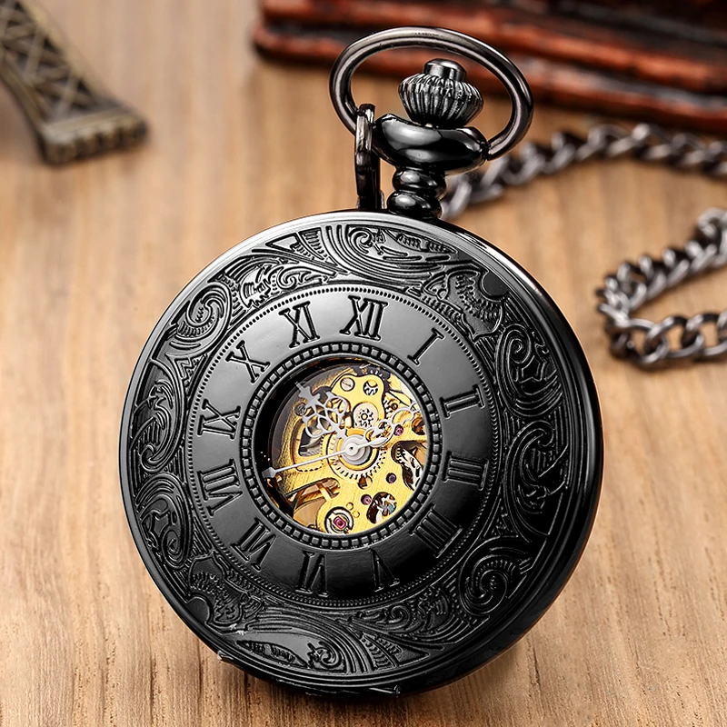 

Retro Hand Wind Mechanical Pocket Watch FOB Chain Locket Dial Hollow Steampunk Skeleton Men Women Mens Clock Watches Box
