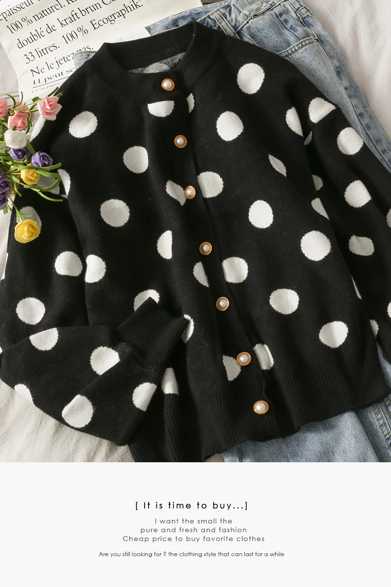 

Korean Style Big Polka Dot round Neck Single-Breasted Cardigan Sweater Coat Women's Autumn Winter Long Sleeve Outerwear Sweater
