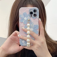 for iphone 12 pro max mini cute flower pearl chain phone case for iphone 11 pro max xr xs max 7 8 plus wrist band silicon cover