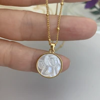 new round angel necklace for women natural mother pearl shell coin cupid pendant neck chain jewelry for gifts