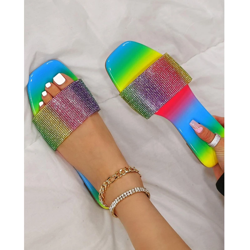 

2021 Summer New Rhinestone Sandals Open Toe Flat Women's Shoes Outdoor Casual Slippers Plus Size