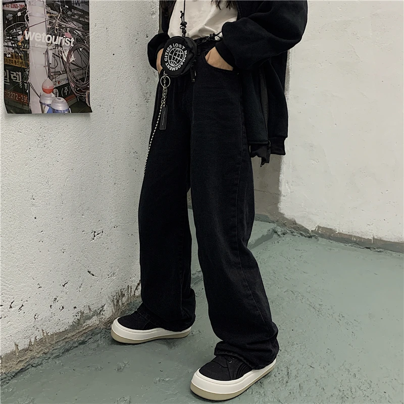 

Korean style ins high street loose wide leg pants pockets button fly full length Jeans moda feminina Women's Clothing Female