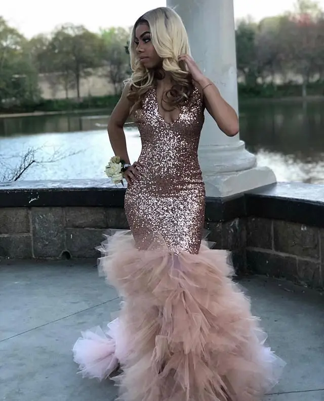 

vestido de gala Sexy Black Girls Mermaid Pink Prom Dresses 2022 Sequined African Ruffled Train Long Formal Evening Party Gowns