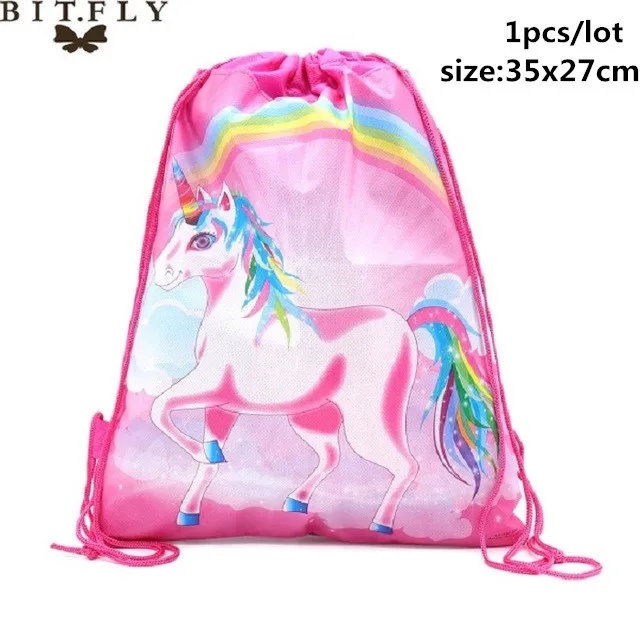 Drawstring Bag A Вечерние одноразовые украшения в виде единорога, набор столовых приборов, ободок для волос в виде русалки, обертка для торта, для детского дня рождения, свадьбы - Цвет: Drawstring Bag A
