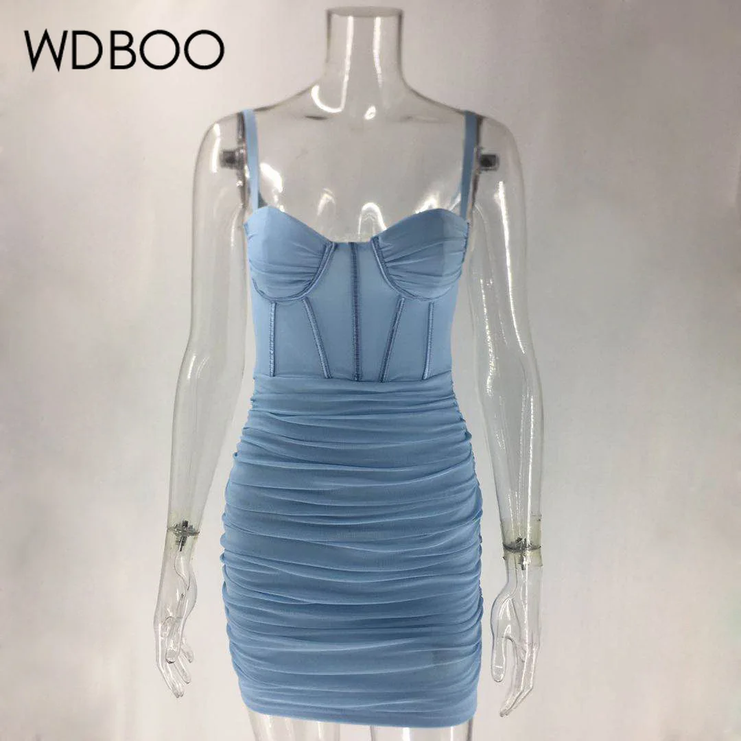 

WDBOO Mesh Pleated Women Dress Spaghetti Straps Slim Corset Bodycon Sexy Dress Mini Night Club Party Solid Dresses