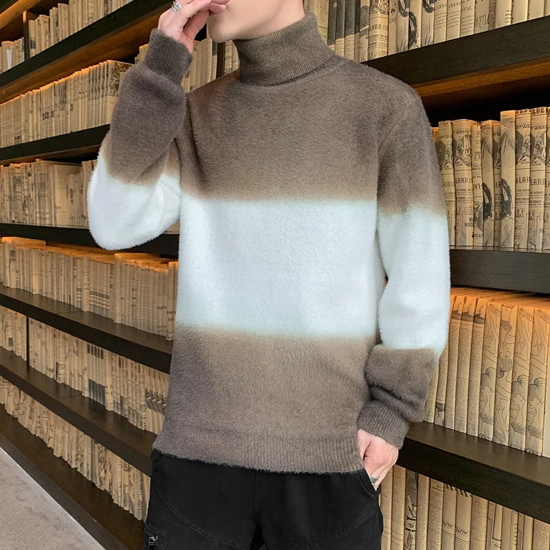 

Autumn Winter Mink Wool Nylon Recreational Sweater Male New Fashion Casual Men Half a Turtleneck Stripde Youth Men's Coat