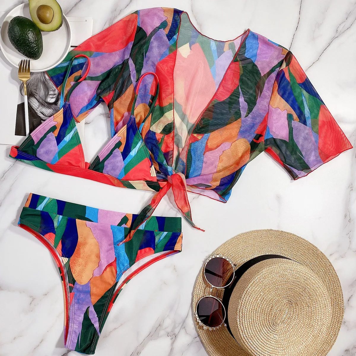 

High Waist Bikini Women Swimsuit Geometry Print Front Bow 3 Piece Swimsuit Brazilian Short Sleeve Bathing Suit Swimming Wear