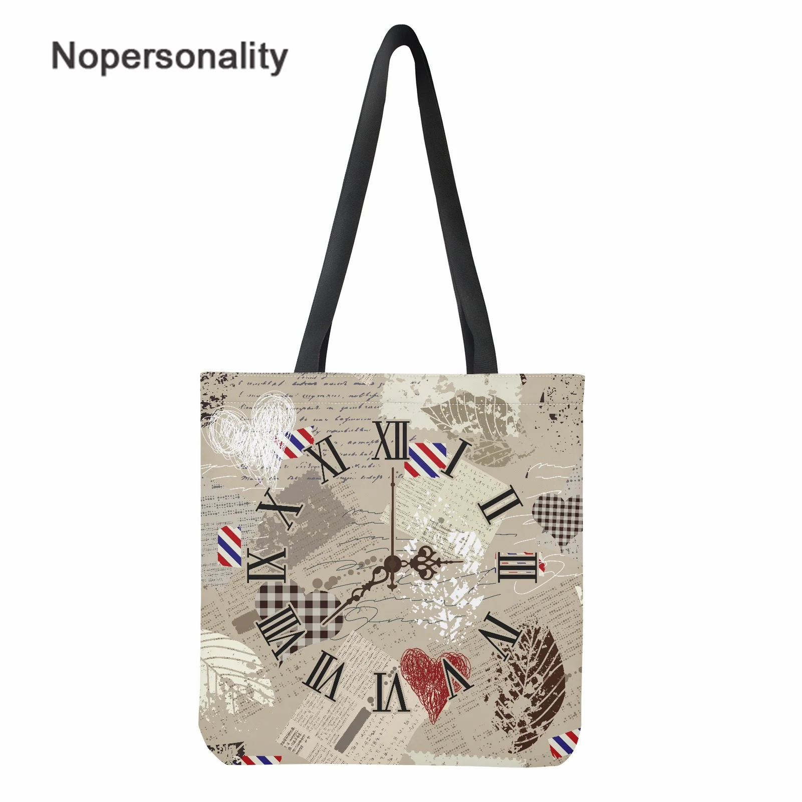 

Nopersonality Shopper Canvas Bag Cool Clock Design Big Capacity Tote Bag Foldable Handbag Travel Shoulder Bag for Woman
