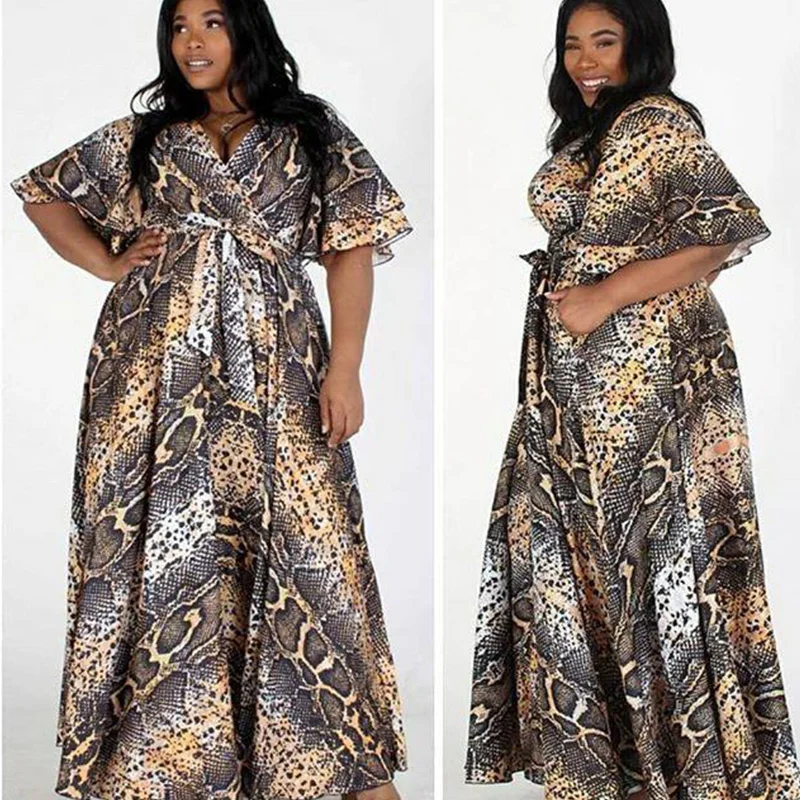 

Fashion Snake Print African Dress For Women Casual Plus Size Slim Maxi Dresses Elegant Sexy Long Dress Africa Clothing DT2803