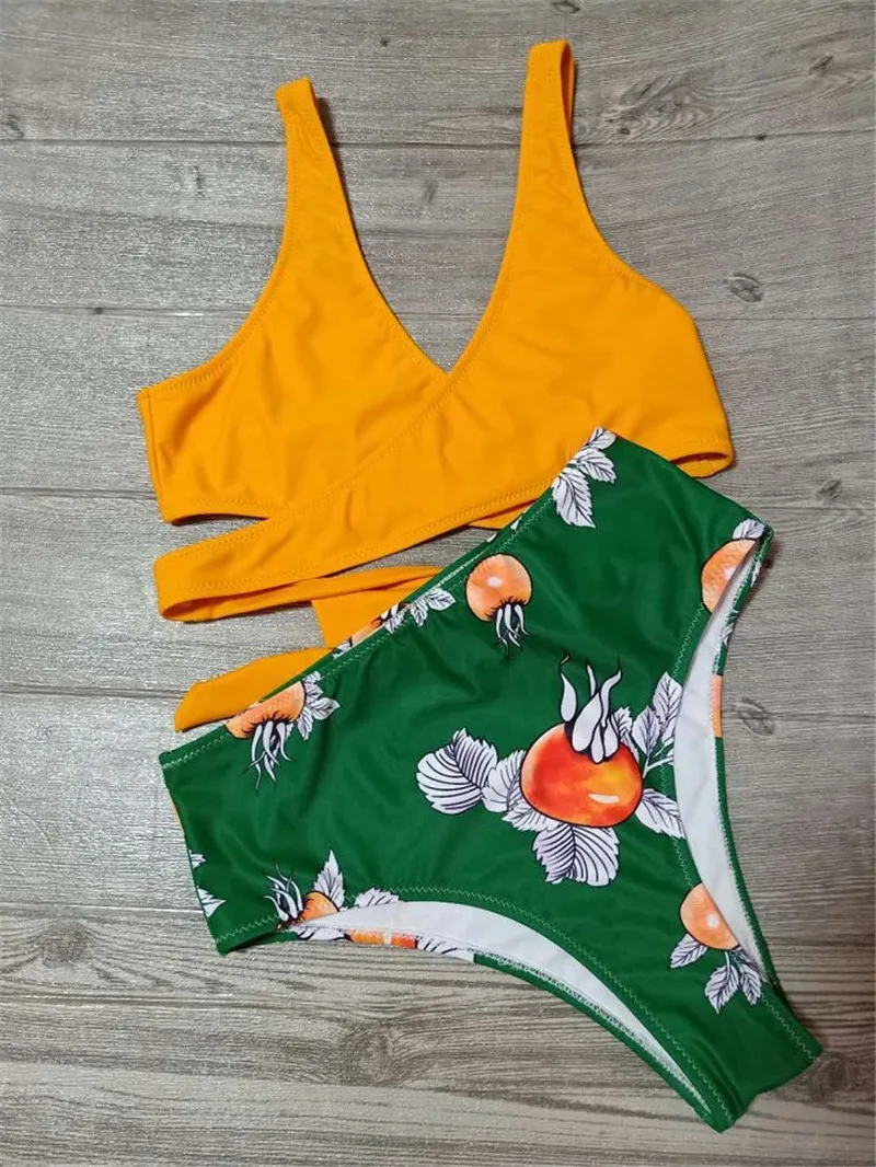 

ICNGLKSND High Waist Floral Print Bikini Set Sexy Swimwear Women 2021 New Crossbody Bandage Push Up Padded Swimsuit Bathing Suit