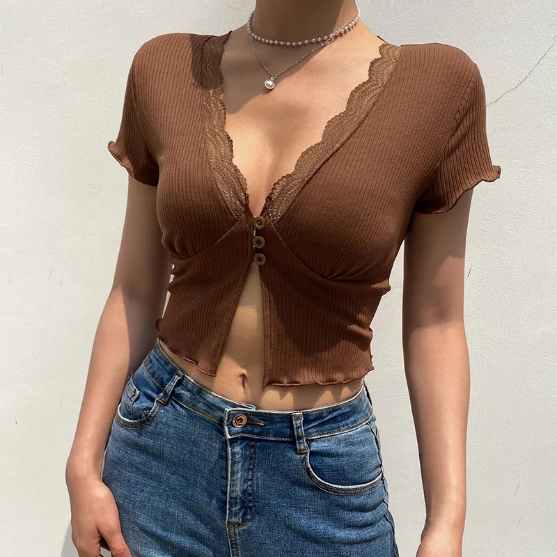 

2021 Summer New Fashion Solid Color V-Neck Buttoned Slimming Navel Lace Stitching Short-Sleeved T-Shirt Cardigan Top