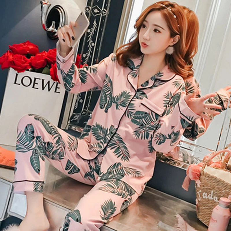 

Long Sleeve Pajamas for Women 2021 Summer Pajamas Women Kawaii Strawberry Pajama Set Sleepwear Homewear Ladies Silk Pajamas