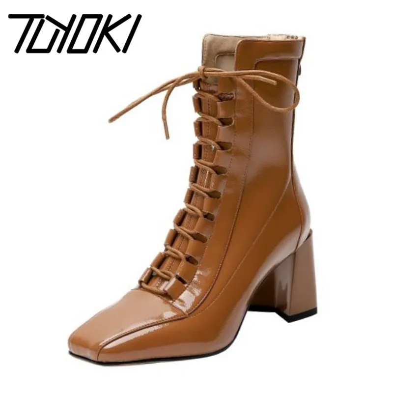 

Tuyoki Woman Ankle Boots Fashion Corss Strap High Heel Winter Shoes Women Square Toe Office Lady Short Boot Footwear Size 33-40