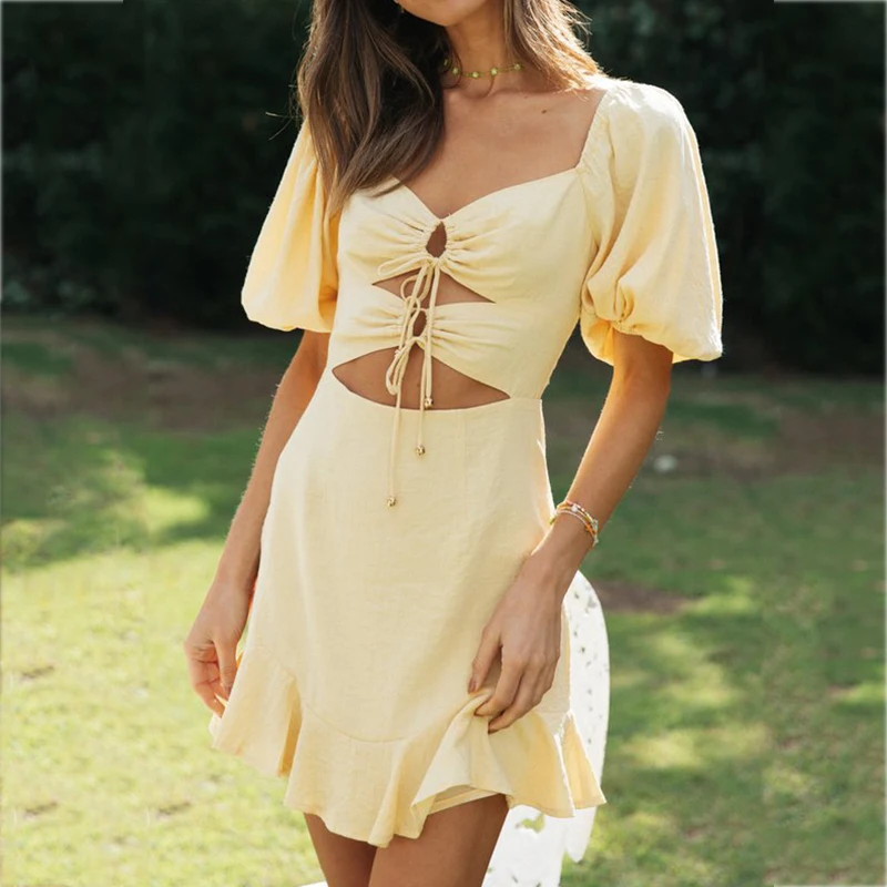 

Пикантное летнее пляжное платье Foridol с вырезами спереди и открытой спиной, Короткое мини-платье для отпуска с блестящим рукавом, желтое плат...
