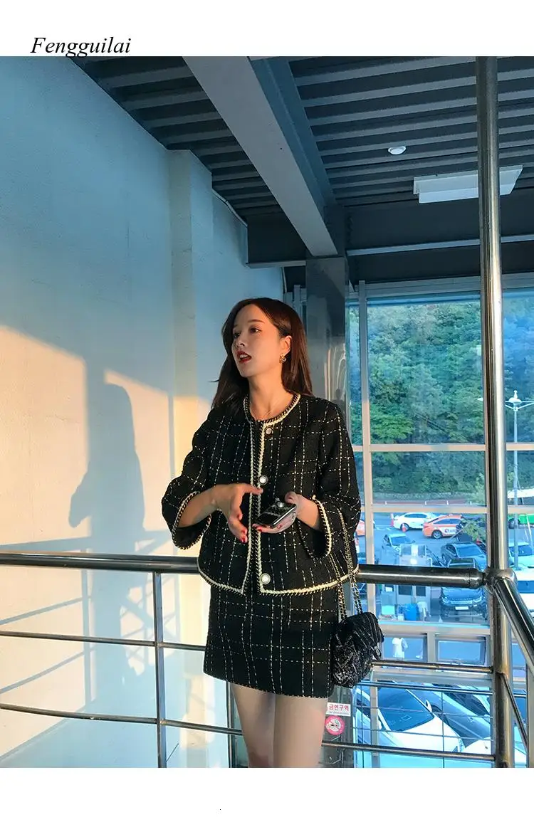 

Autumn Winter 2 Piece Set Women Short Woolen Tweed Jacket Coat & Bodycon Mini Skirt Set Women Two Piece Outfits