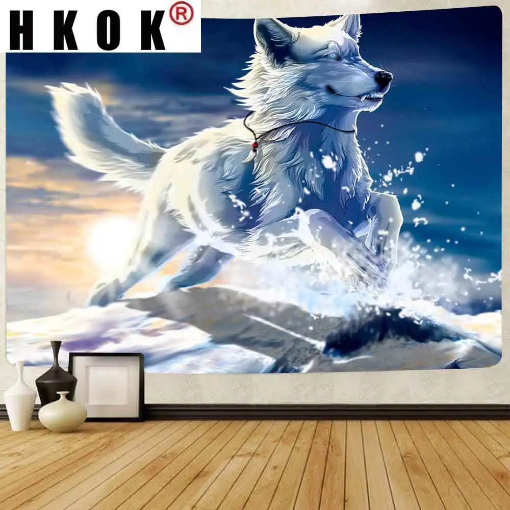 Гобелен с волком в стиле Триппи дракон галактика красочный волк искусство