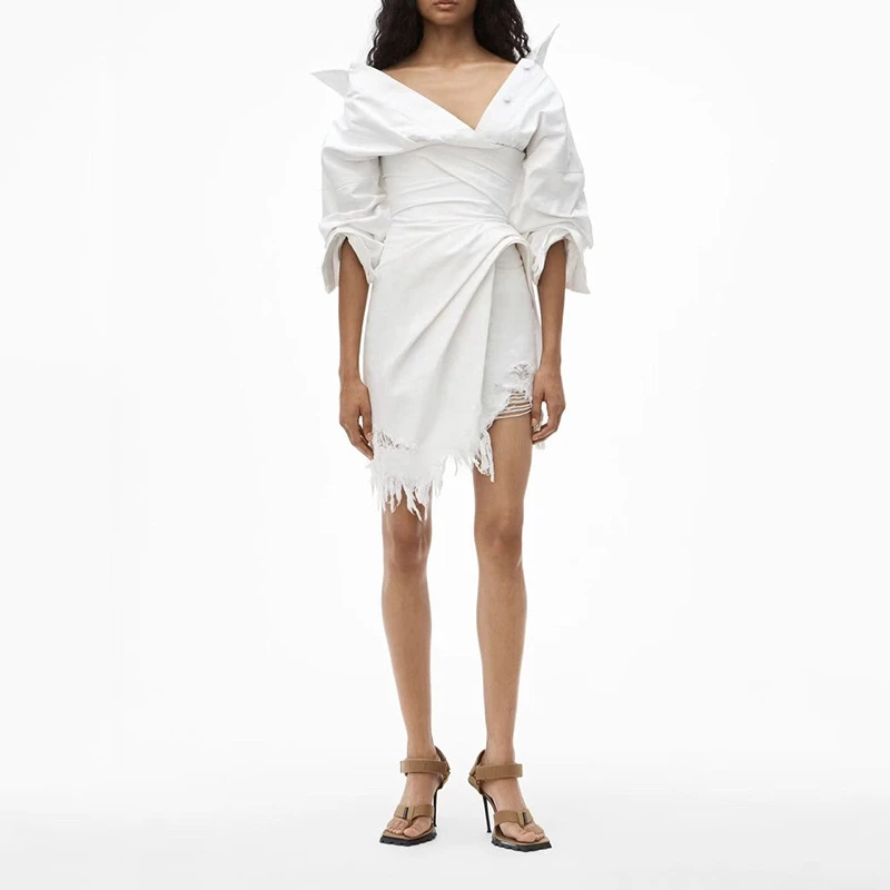 

2021 fall new lapel irregular fringed hem waist waist dress women's fashion stitching pleated long-sleeved shirt dress XLbing
