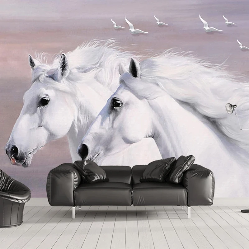 

Custom Mural Wallpaper European Style Hand-painted 3D White Couple Horses Flying Birds Wall Painting Living Room Bedroom Fresco