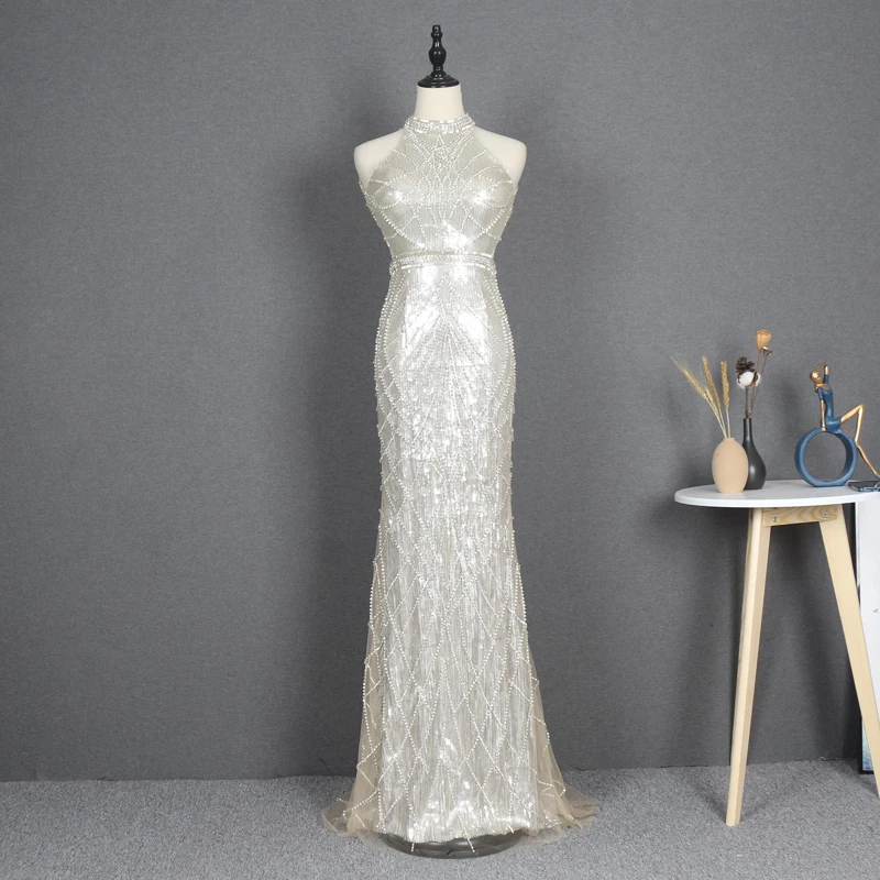 

Prom Long Formal Evening Elegant Party Dress 2021 Women Floor-length Tulle Sequin Backless Sexy Black Silver Night Dress