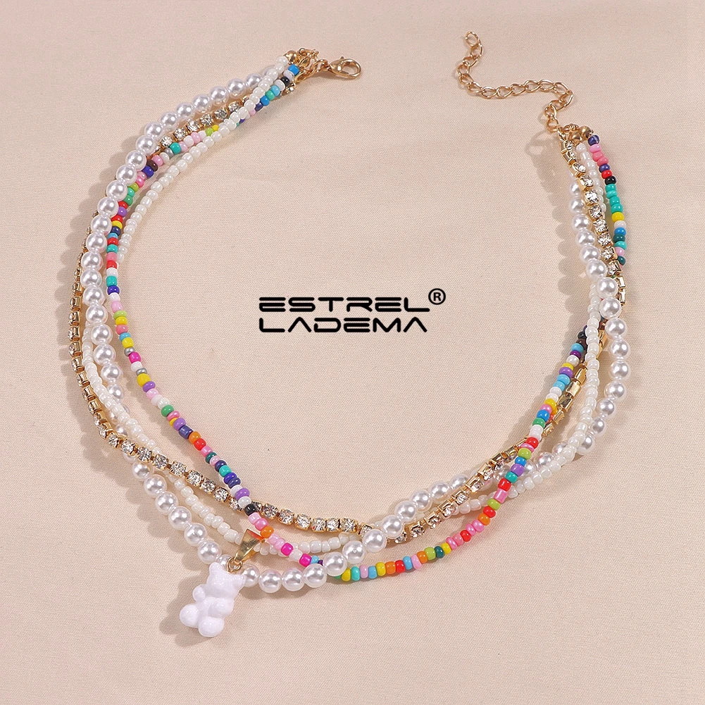 

4pcs/set Y2k Multi layer Gummy Bear Pearl Seed Beads Necklace For Women Colorful Beaded Crystal Tennis Chain Necklaces Jewelry